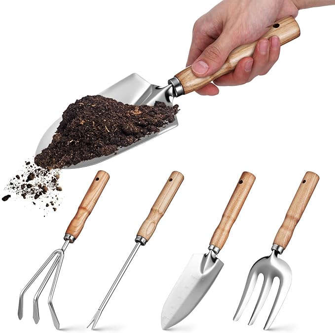 DOITOOL Garden Tools Kit 5pcs Set with Ash Wood Handles and 430 Stainless Steel Blades for Gardening Sturdy Garden Trowel Set Suitable for Men and Women Outdoor Yard Work