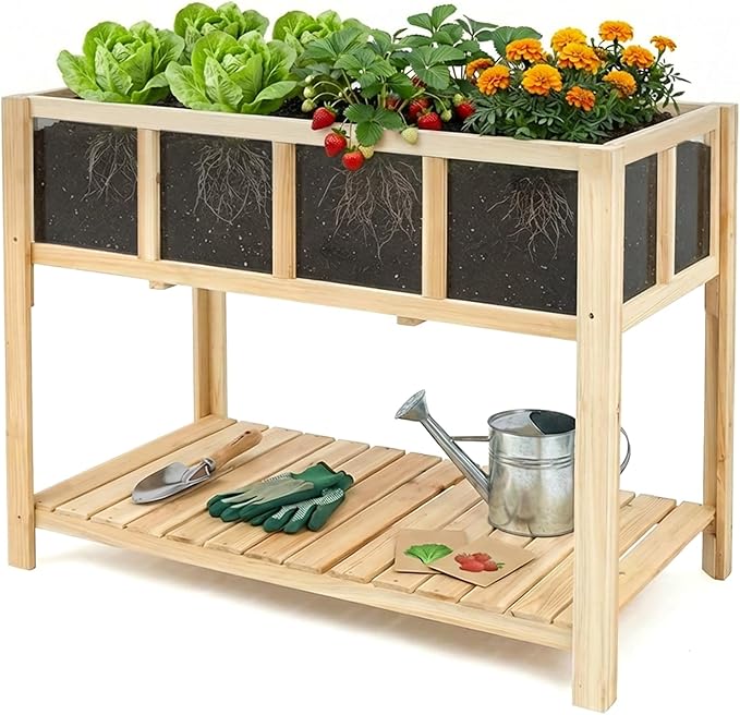 Raised Garden Bed Outdoor with Shelf 43.7''x23.2''x30.7''Wood Planter Box with Transparent Window Drainage Holes Liner Garden Beds Flower Stand for Balcony Kitchen Gift for Gardening