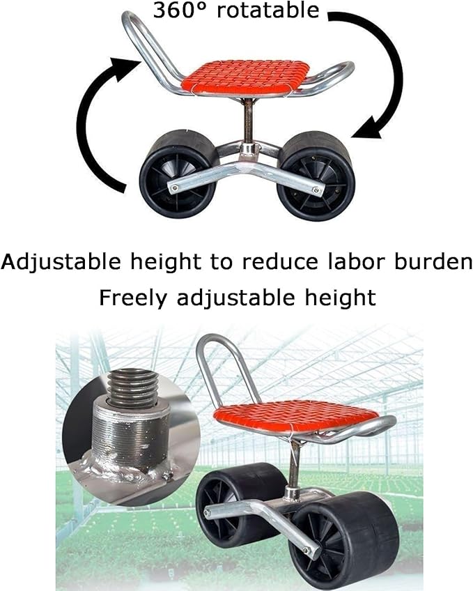 Rolling Gardening Work Stool360° Rotation Seat Adjustable Height 20-33cmCan Bearing 150kgfor Orchards Farms(Black)