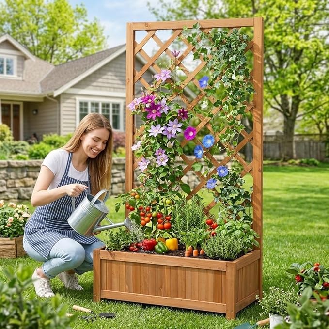 Wooden Raised Garden Bed with Trellis 47 Outdoor Planter Box for Climbing Plants Vertical Warm Brown Garden Planter for Vegetables Flowers &amp Vines Lattice Plant Support for Patio Yard Balcony