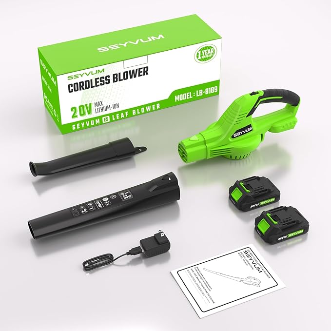 SEYVUM Leaf Blower 20V Cordless Blower with 2 x 2.0Ah Battery Electric Leaf Blowers for Lawn Care 320 CFM 150 MPH Battery Powered Leaf Blower for Patio Garden Cleaning Fast Charger Grass Green