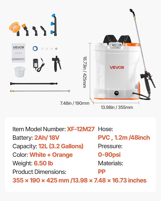 VEVOR Battery Powered Backpack Sprayer 3.2 Gal Powerful Electric Backpack Sprayer 2 Retractable Wands &amp 5 Nozzles Adjustable 0-90 PSI 2 Hour Runtime Portable Weed Sprayers for Yard Garden Law