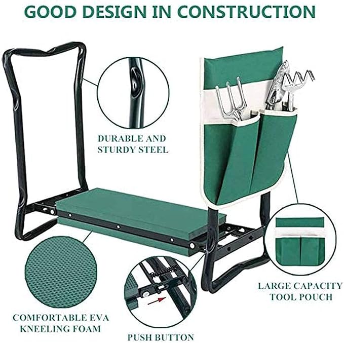 Garden Kneeler and Seat Foldable Gardening Stool Garden Bench Heavy Duty with Soft Kneeling Pad 2 Tool Pouches for Protecting Your Knees and Hands