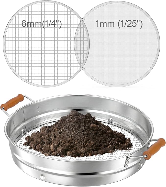 Soil Sifter with Handle for Gardening–14 Large Stainless Steel Soil Sieve-2 Replaceable Mesh Screens 1mm/6mm-Garden Sifter for Dirt Rocks Compost Gravel Pellet Sand