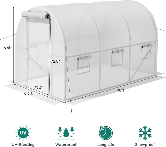 YITAHOME 10x6.5x6.5ft Greenhouses Large Walk-in Green House Heavy Duty Tunnel Green Houses Outdoor Portable Plant Gardening Upgraded Galvanized Steel Frame Zipper Doors 5 Crossbars Garden White