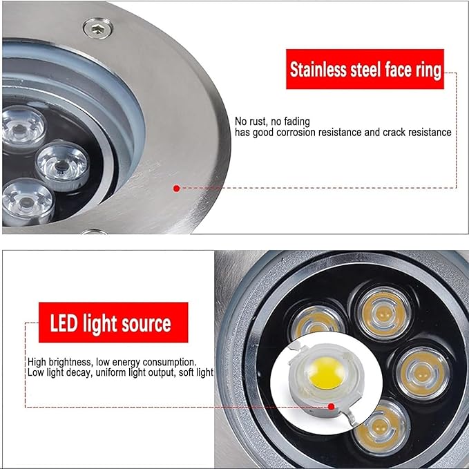 Recessed LED Spotlight Outdoor Landscape Lights IP67 Waterproof Stainless Steel Garden Light AC 24V Adjustable Angle Floor Lamp(Red3W)