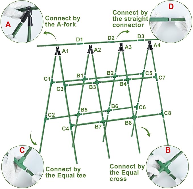 POCREATION Cucumber A Frame Garden Trellis Adjustable Climbing Plants Support with Nylon Net 40 Steel Pipes A Frame Connectors for Cucumbers Tomatoes Grapes