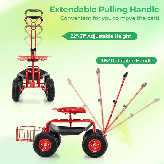 Garden Seat with Wheels Rolling Stool with Extendable Handle Storage Basket &amp Tool Tray Garden Scooter with 360 Degree Swivel Seat for Outdoor &amp Yard (Red)
