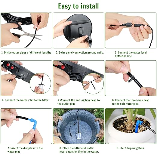Solar Irrigation System TRJZWA 2 Pack Automatic Drip Irrigation Kit for Outdoor/Indoor Garden Watering System with Water Level DetectionDrip Irrigation System for 15 Potted Plant with 15m Water Hose