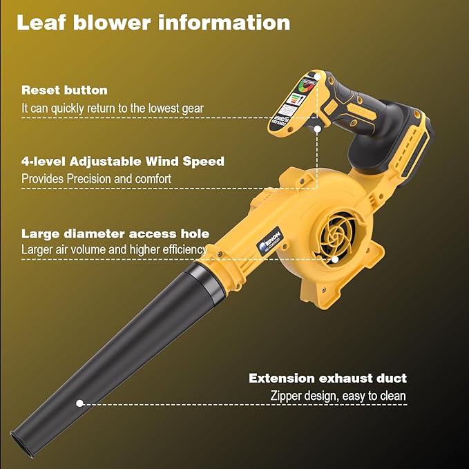 20V Cordless Leaf Blower - 4-Speed Electric Blower Lightweight for Quick Yard Cleanup Patio Driveway &amp Dust Removal - Complete Lawn Care Blower Kit(Only ToolYellow)