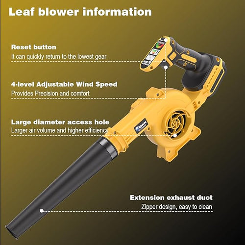 20V Cordless Leaf Blower - 4-Speed Electric Blower Lightweight for Quick Yard Cleanup Patio Driveway &amp Dust Removal - Complete Lawn Care Blower Kit(Only ToolYellow)