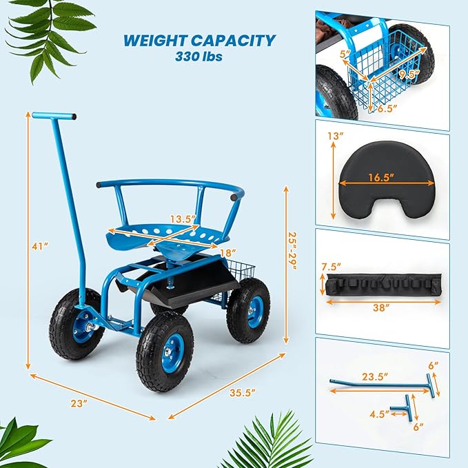 Garden Cart on Wheels 360° Swivel Rolling Outdoor Workseat with Washable Cushion &amp Dual Handles Height Adjustable Garden Stool for Patio Yard (Blue)