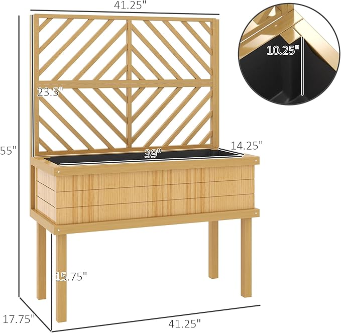 Standing Garden Bed with Built-in Trellis Elevated Wood Planter with Legs &amp Drainage Holes Comfortable Height for Climbing Vegetables &amp Flowers (Natural)