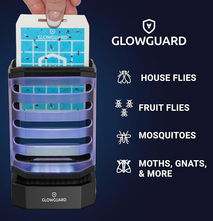 GlowGuard Cordless Flying Insect Trap Catches Fruit Flies Indoor Gnat Killer Magnet for Moths &amp Mosquitos in Dark 1 Rechargeable Trap + 4 Dual-Sided Sticky Pad Refills 30Hr 5000mAh Battery (Bl