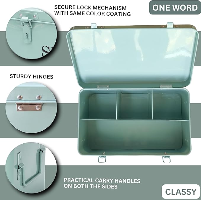 Large Modern Green Rectangular Metal Seed Storage Box with 4 Compartments and 40 Envelopes and 20 Bamboo Plant Labels