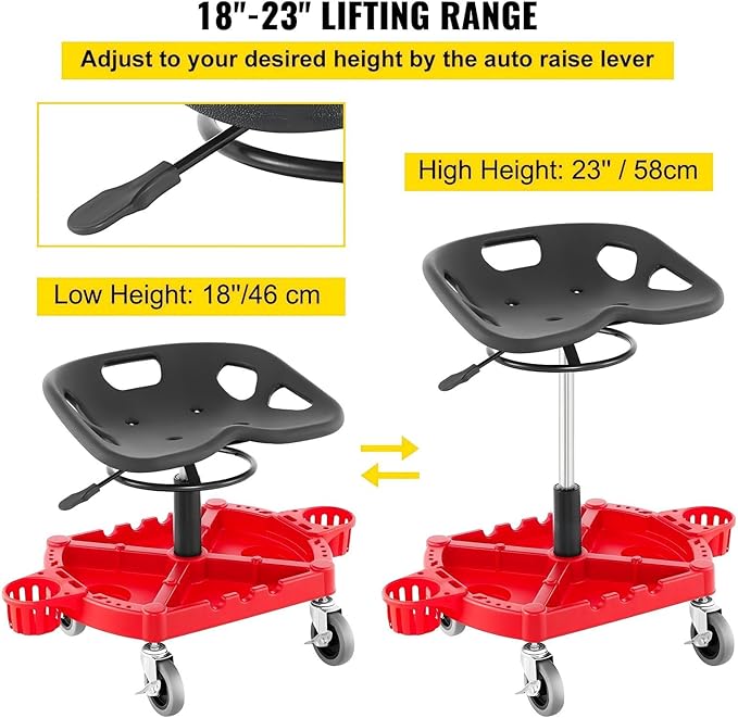 Rolling Garage Stool 300Lbs Capacity Adjustable Height 18-23In 360° Swivel Wheels 4 Large Tool Tray with Two Bottle Holders for Workshop Auto Repair Shop Red
