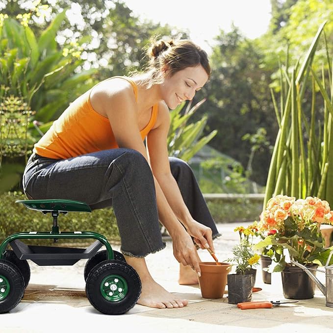 Goplus Rolling Garden Seat with Wheels Outdoor Gardening Scooter with 360° Swivel Seat Tool Tray &amp Basket Adjustable Steering Handle for Lawn Gardening Stool Garden Cart for Planting