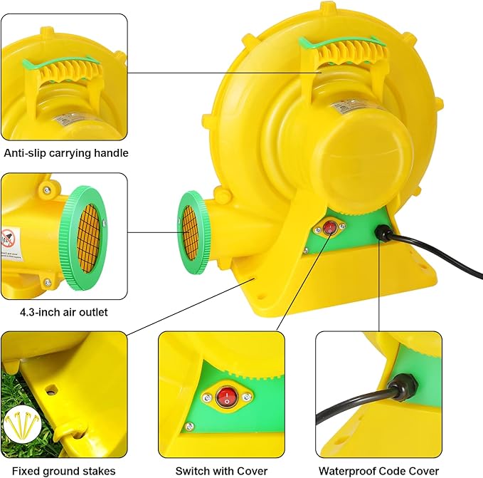 Bounce House Blower 370W/0.5HP Commercial Air Blower with Double-Sided Fan Blade Design Strong Wind and Great Heat Dissipation Properties for Bouncy Castle Jump Slides Arch Inflatables