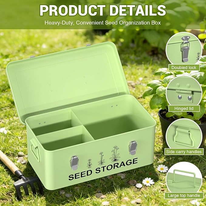 60 Slots Seed Organizer Seed Storage Seed Box 3 Compartments Seeds Organizer Storage Box Metal Garden Seeds Packet Container with Lid and Safety Locks for Flower Plants Garden