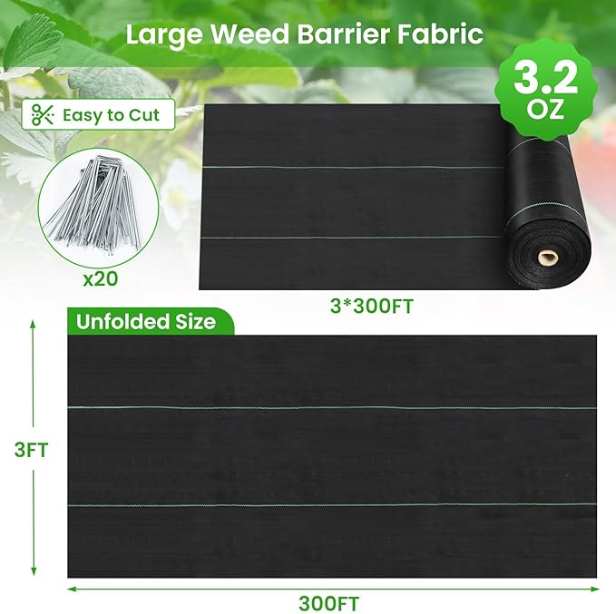 Weed Barrier Fabric 3x300ft Landscape Fabric 3.2oz Heavy Duty Durable Woven Geotextile Fabric High Permeability Ground Cover Mat Driveway Fabric Garden Weed Control Cloth with 20 U-Securing Pegs