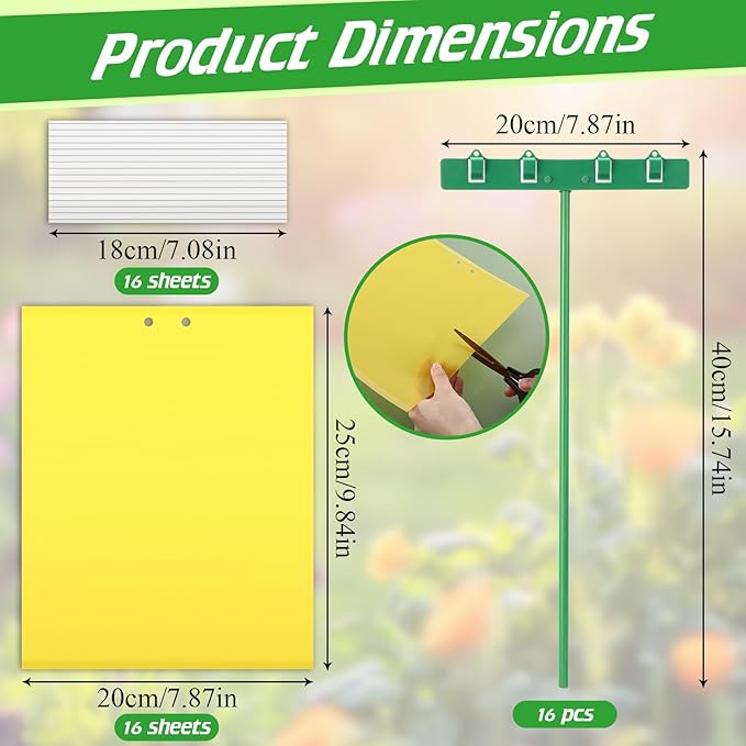 16 Set 7.8x9.8 Dual-Sided Yellow Sticky Traps with Stakes Large Glue Traps for Flying Plant Insect Such as Fungus Gnats Whiteflies Aphids Leafminers etc UV Resistant