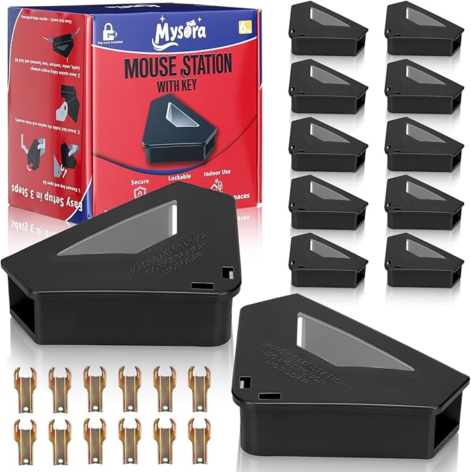 12 Pack Mouse Bait Stations with Visible Window &amp Keys Lockable Rodent Control Boxes Triangular Mice Traps Box for Indoor Outdoor Corners Garage Kitchen Bait Not Included (Black)