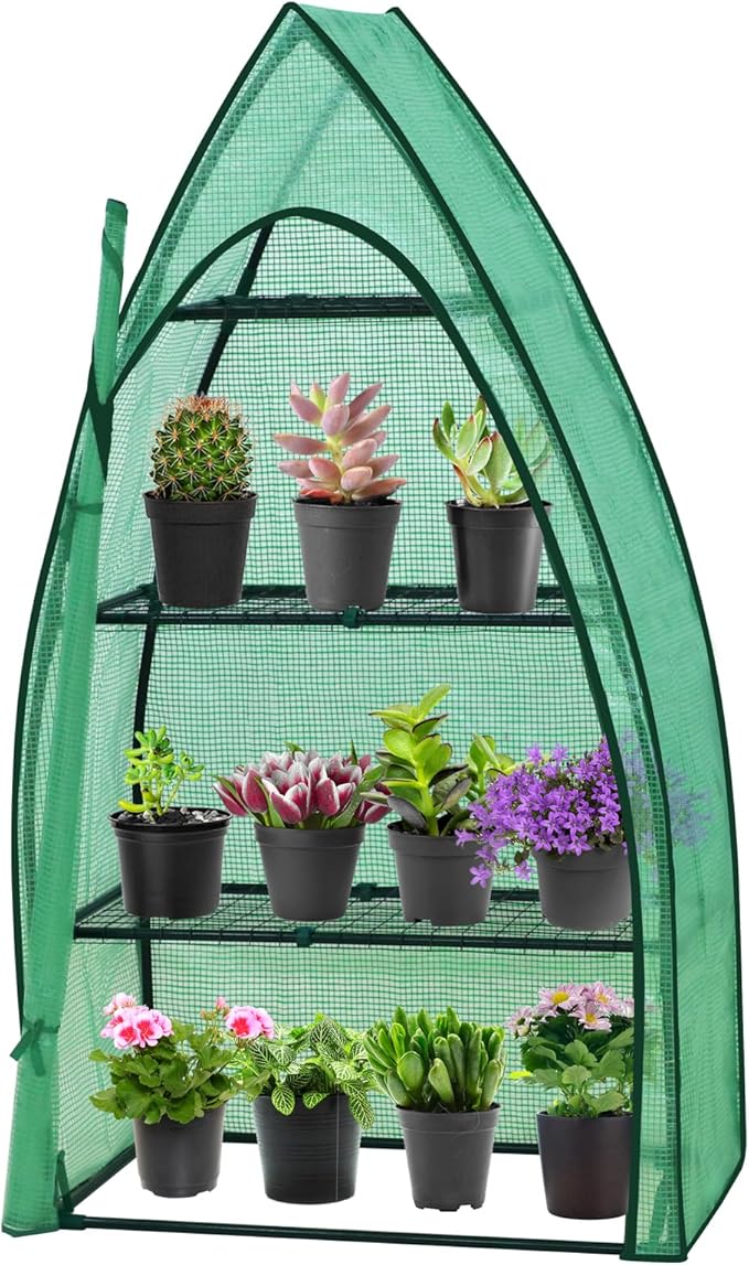 EAGLE PEAK 4-Tier Mini Greenhouse Portable Green House with Shelves &amp Weather-Resistant PE Cover Small Greenhouse for Seedlings &amp Gardening Gifts 35x18x63 in Clear/Green