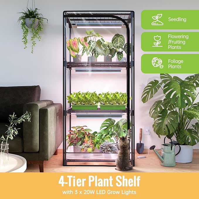 Indoor Greenhouse with Grow Light 4-Tier Plant Stand with Zippered PVC Tent Ventilation Window Bottom Pouch 20W Full Spectrum Plant Light with Timer for Seed Starting 27L x 19W x 59H