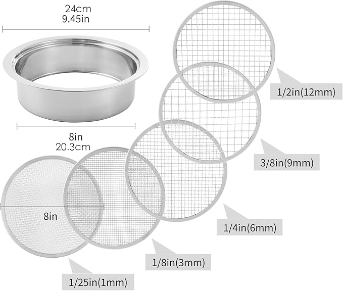 Soil Sifter for Gardening | Soil Sieve Stainless Steel with 5 Replaceable Mesh Screens - Size 8in Diameter 1/3/6/9/12mm Stackable Sifting Pan Sand Sieve with Shovel