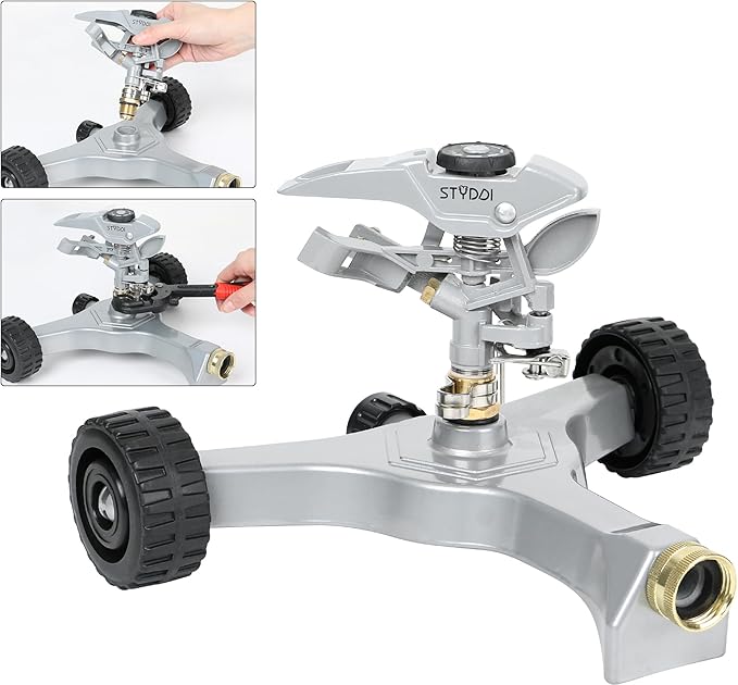 STYDDI Metal Pulsating Sprinkler on in-Series Metal Wheeled Base Adjustable Circular Water Sprinkler for Medium to Large Circular Lawn Yard Garden and Large Areas Coverage up to 6360 Sq. ft