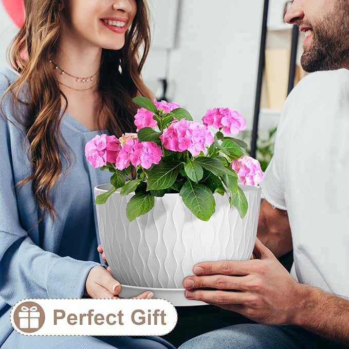 12 Inch Large Plant Pots for Indoor or Outdoor Plants Wide Water Ripples Flower Pots with Drainage Holes &amp Saucer Plastic Planters Set for Garden &amp Home Decor (White)