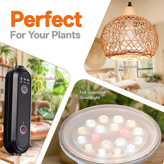 Bstrip Hanging Grow Lights for Indoor Plants 18W Full Spectrum Plant Light with 4H/9H/14H Timer 15.9 FT Power Cord &amp Boho Rattan Shade 3800K Hanging Lights for Indoor Plant Tall Plant Flowers