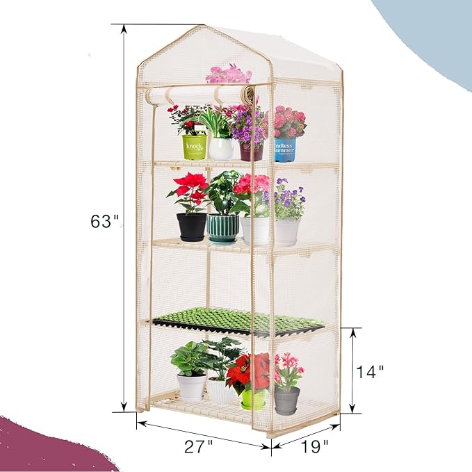 4-Tier Mini Greenhouse – Indoor or Outdoor Gardening Hot House with PE Zippered Cover and Metal Shelves for Growing Vegetables Flowers and Seedlings 63'' H x 27'' L x 19'' W (PLGH704OWW)