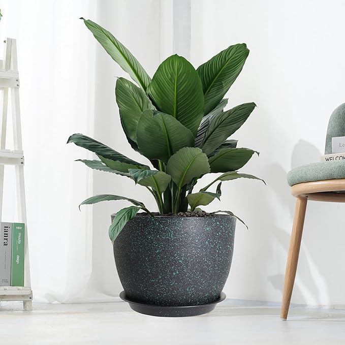 12/10/9 Large Modern Plant Pots Plastic Planters with Drainage Holes and Saucers for Indoor Outdoor Plants Flowers Black with Green Speckles
