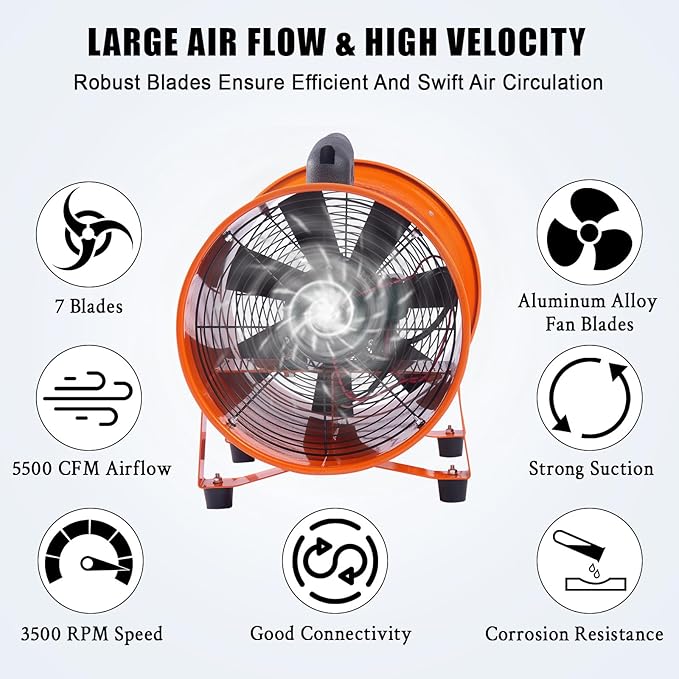 Air Mover Blower Fan 16 Inch 2-Speed 3500CFM Heavy Duty Blower Fan with 32.8 Ft Flexible Duct Industrial Portable Ventilator Blower/Exhaust