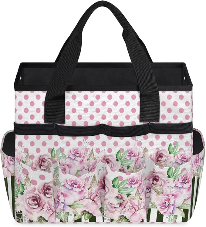 Garden Tool BagFloral Rose Flower Polka Dot Stripe Gardening Organizer Bag With Pockets Garden Tool Kit Storage Tote for Women Men Garden Tool Set Holder