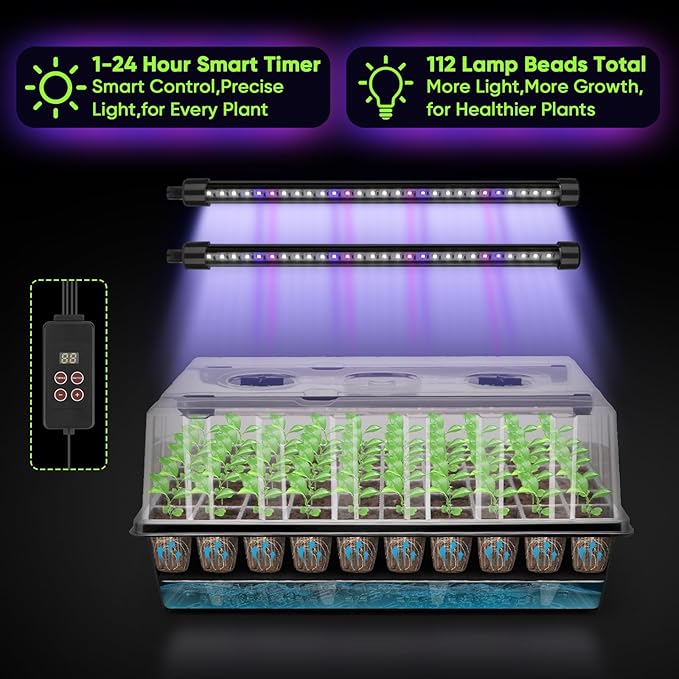 BlumWay 120-Cell Self-Watering Seed Starter Tray with Grow Light 1-24H Timer Seed Starter Kit with 4.02 Humidity Dome Seedling Tray for Indoor Plant Starter Plant Germination Trays-Black