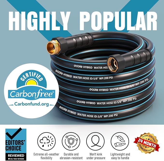 Heavy Duty Garden Hose 100 ft NON-EXPANDABLE Water Hose with 10 Function Spray Nozzle Lightweight Kink-less Hybrid Hose with Swivel Handle Male to Female Fittings
