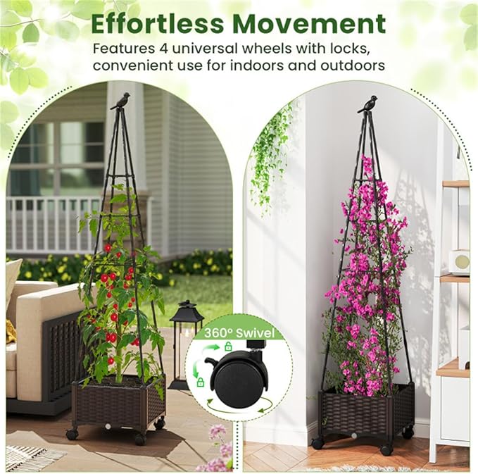Garden Bed Planter Box with Trellis Tomato Planters for Climbing Plants Vegetable Vine Flowers Outdoor Patio Tomatoes Cage with WheelsPlanter Box with Trellis Easy Assembly &amp Expandable