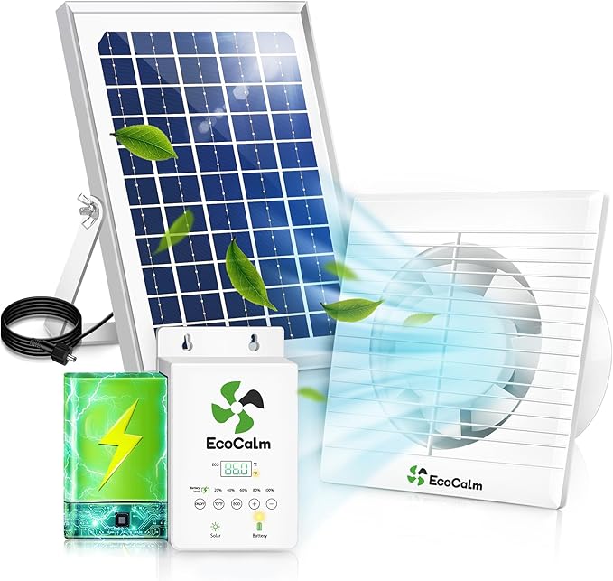 Solar Fan for Chicken Coop with Battery and Adjustable Thermostat Solar Powered Fan with 12W Bifacial Solar Panel &amp 4 Exhaust Fan Accessories with Anti-backflow Valve