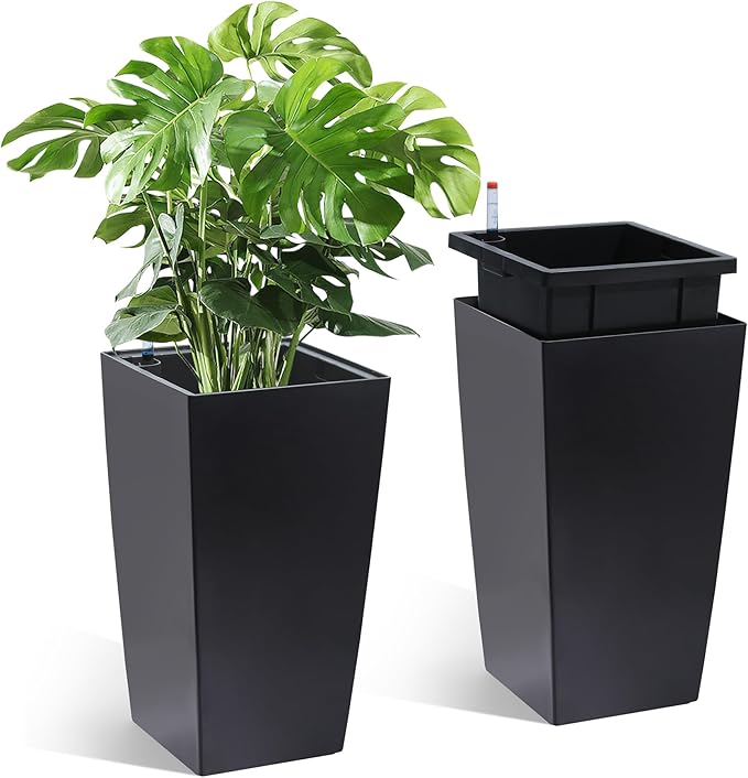GarveeLife 16 in Tall Planters Set of 2 Outdoor＆Indoor Black Planter Pots High Front Porch Planter Pots with Drainage Holes＆Water Level Monitor＆Inner Bucket Automatic WateringBlack