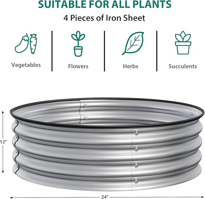 2PCS 2 x 1ft Round Galvanized Raised Garden Bed with Safe Rubber Edge Rust &amp Corrosion Resistant Metal Planter Box Open Bottom Easy Assembly for Vegetables Fruit Flowers Silver