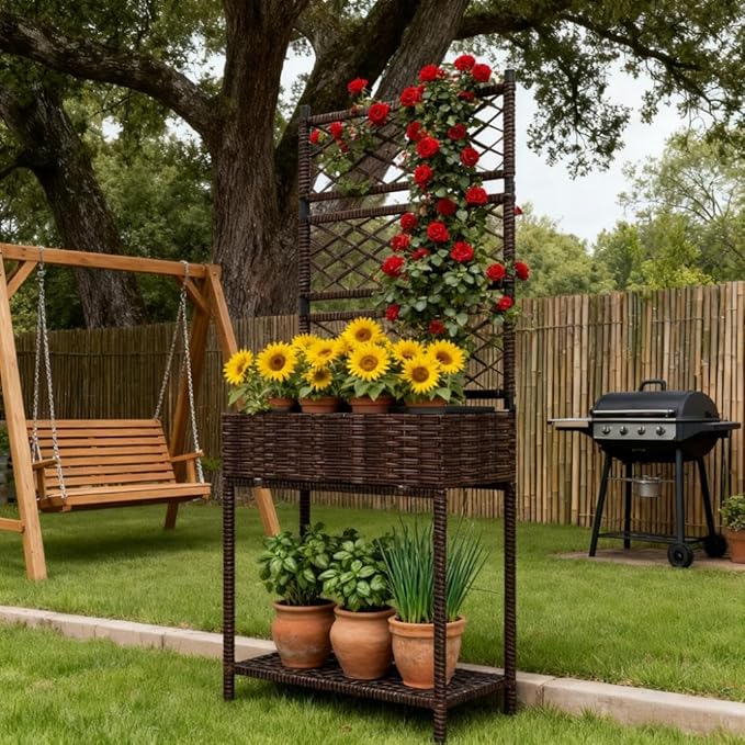 Freestanding Rattan GBoxOutdoor Wicker Planter with for Climbing Plantswith Storage Shelf
