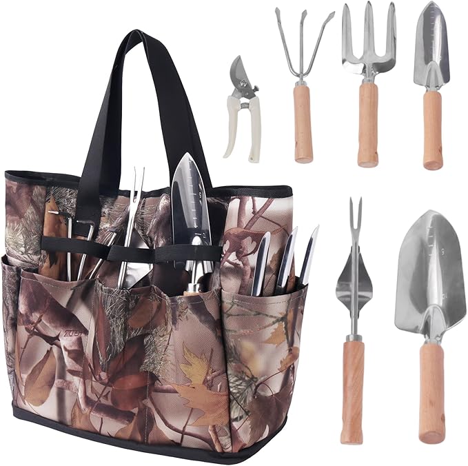 Garden Tool Set 7 Pcs Floral Gardening Set for Women Leaf Camouflage Gardening Kit with Garden Tool Bag Trowel Weeder Fork Hand Rake Pruning Shears Cultivator Transplanter