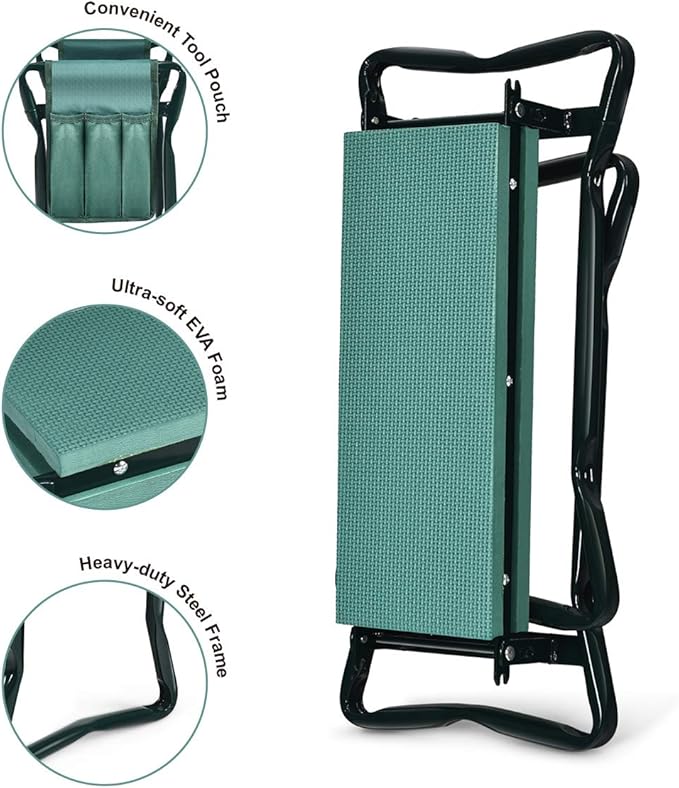 2-in-1 Garden Kneeler &amp Seat Folding Seat w/EVA Foam Kneeling Pad &amp Removable Tools Pouch Sturdy Steel Frame No Assembly Portable Heavy Duty Garden Stool for Women &amp Men