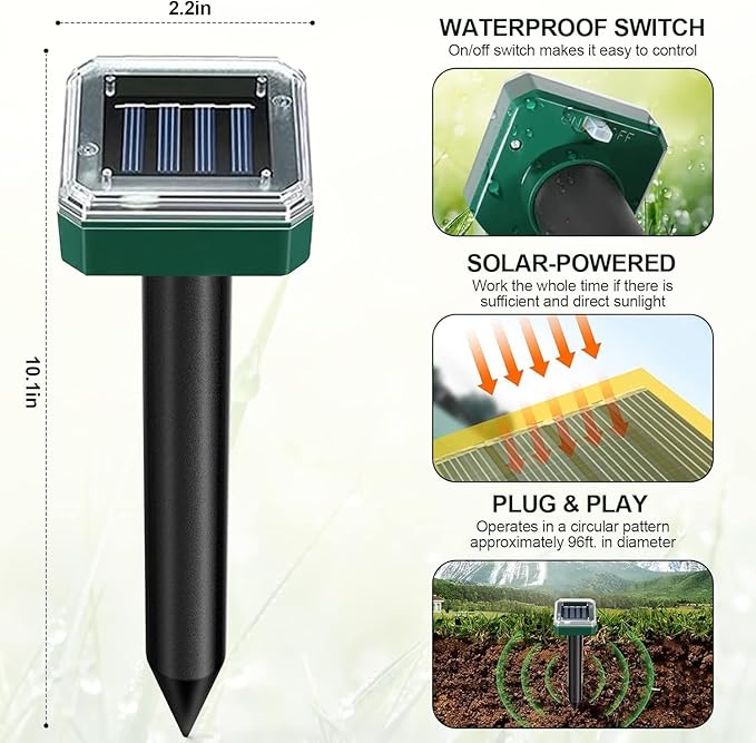 Tirgot Mole Repellent Solar Powered for Lawns Snake Repellent for Yard Gopher Groundhog Vole Repellent Trap Ultrasonic Outdoor Waterproof Chipmunk Rodent Burrowing Animals Deterrent Stake 4 Pack