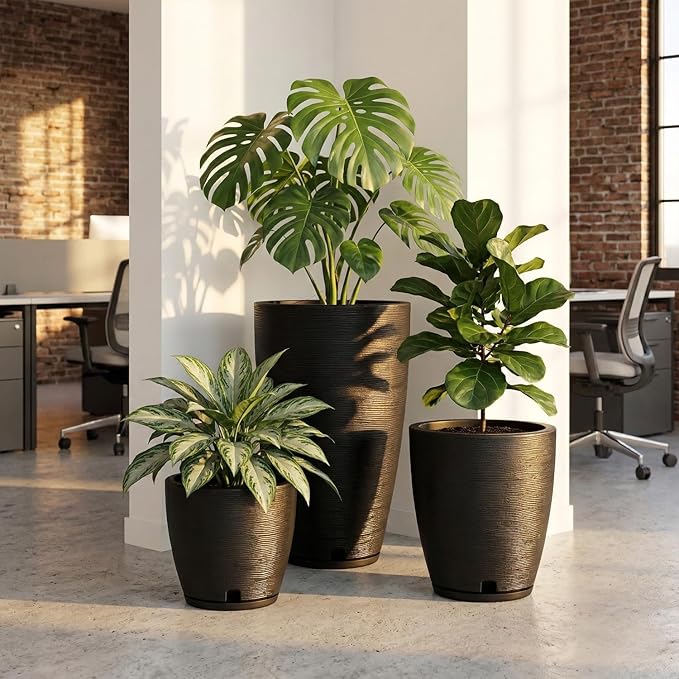 Floridis Set of 3 Black Planters for Indoor Outdoor Plants 11/17/25 Inch Plastic Plant Pots with Drainage Hole and Saucer for Patio and Front Porch