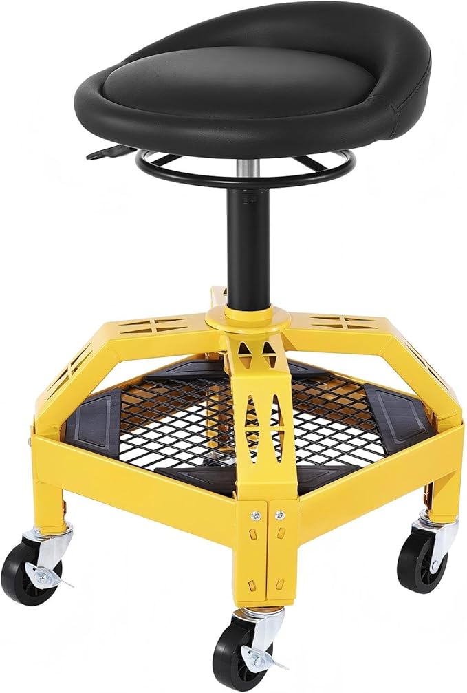Rolling Garage Stool 300Lbs Capacity Adjustable Height 24 28.7In 360 Swivel Wheels Tool Tray for Workshop Auto Repair