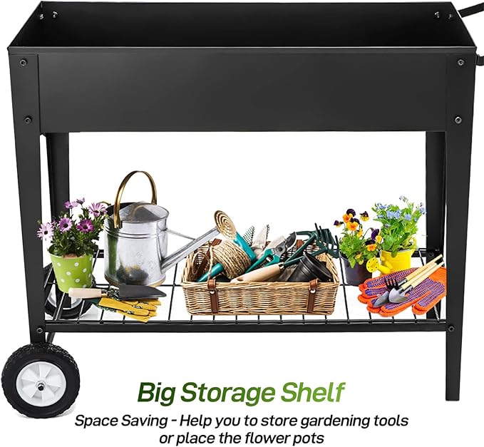 GARFANS Raised Garden Bed Metal Raised Planter Box Outdoor with Legs 2 Wheels and Shelf Elevated Garden Bed Box for Vegetable Indoor Herb Flower Backyard Patio 40 L x 16 W x 31.5 H