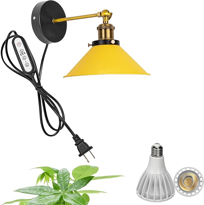Hook Type Wall Mounted Plant Light Full Spectrum 25W 6000K White Light Vintage Yellow Metal Adjusted Angle Timing Wall Lamps for Plants Flowers Indoor Growing